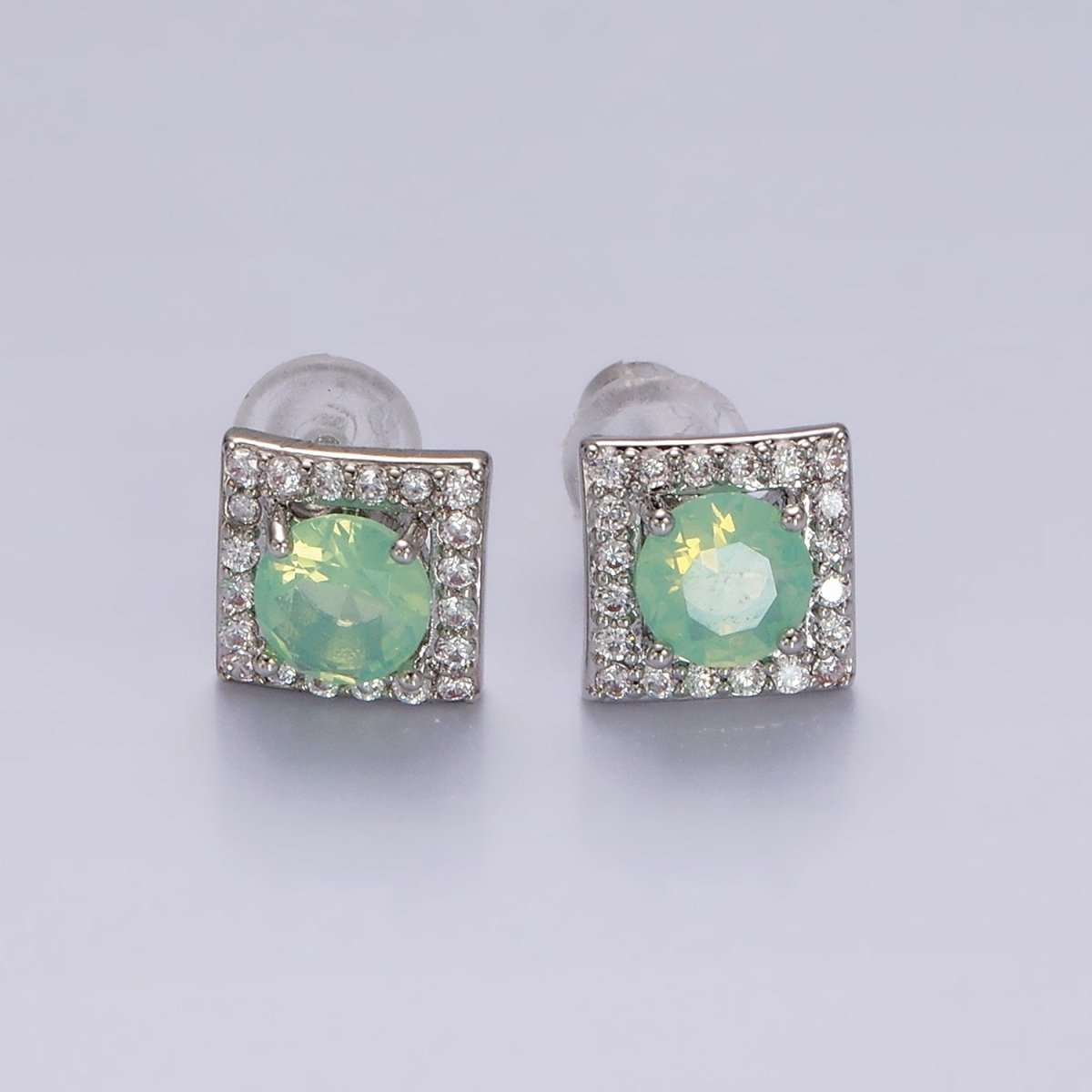 14K Gold Filled Green, Pink, Clear, Blue, Green CZ Micro Paved Square Stud Earrings in Gold &amp; Silver | V320