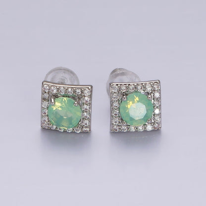 14K Gold Filled Green, Pink, Clear, Blue, Green CZ Micro Paved Square Stud Earrings in Gold &amp; Silver | V320