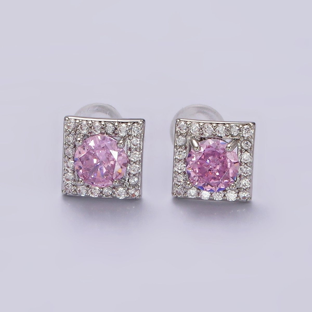 14K Gold Filled Green, Pink, Clear, Blue, Green CZ Micro Paved Square Stud Earrings in Gold &amp; Silver | V320