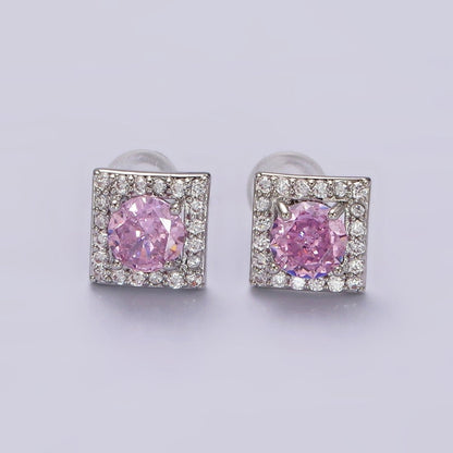 14K Gold Filled Green, Pink, Clear, Blue, Green CZ Micro Paved Square Stud Earrings in Gold &amp; Silver | V320