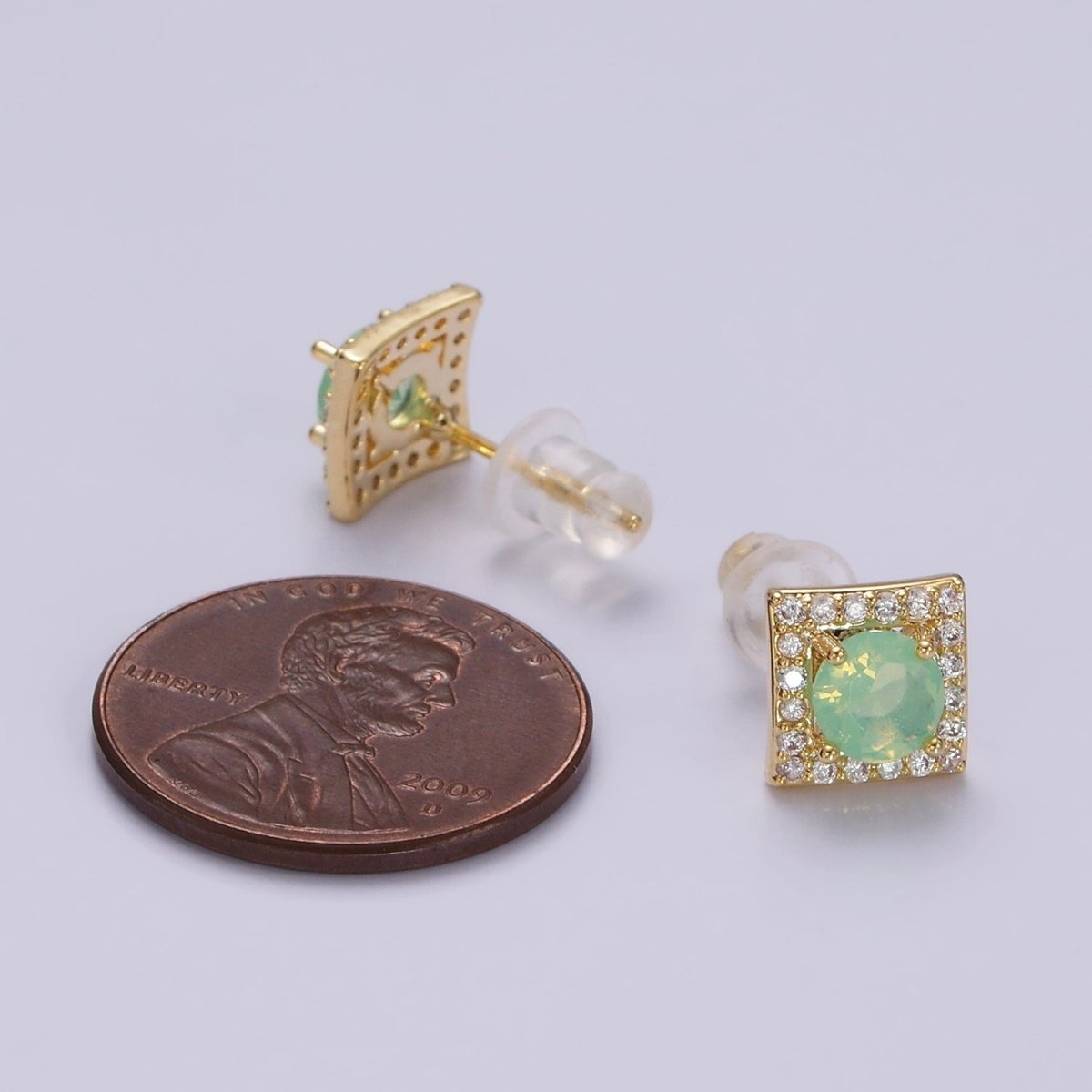 14K Gold Filled Green, Pink, Clear, Blue, Green CZ Micro Paved Square Stud Earrings in Gold &amp; Silver | V320