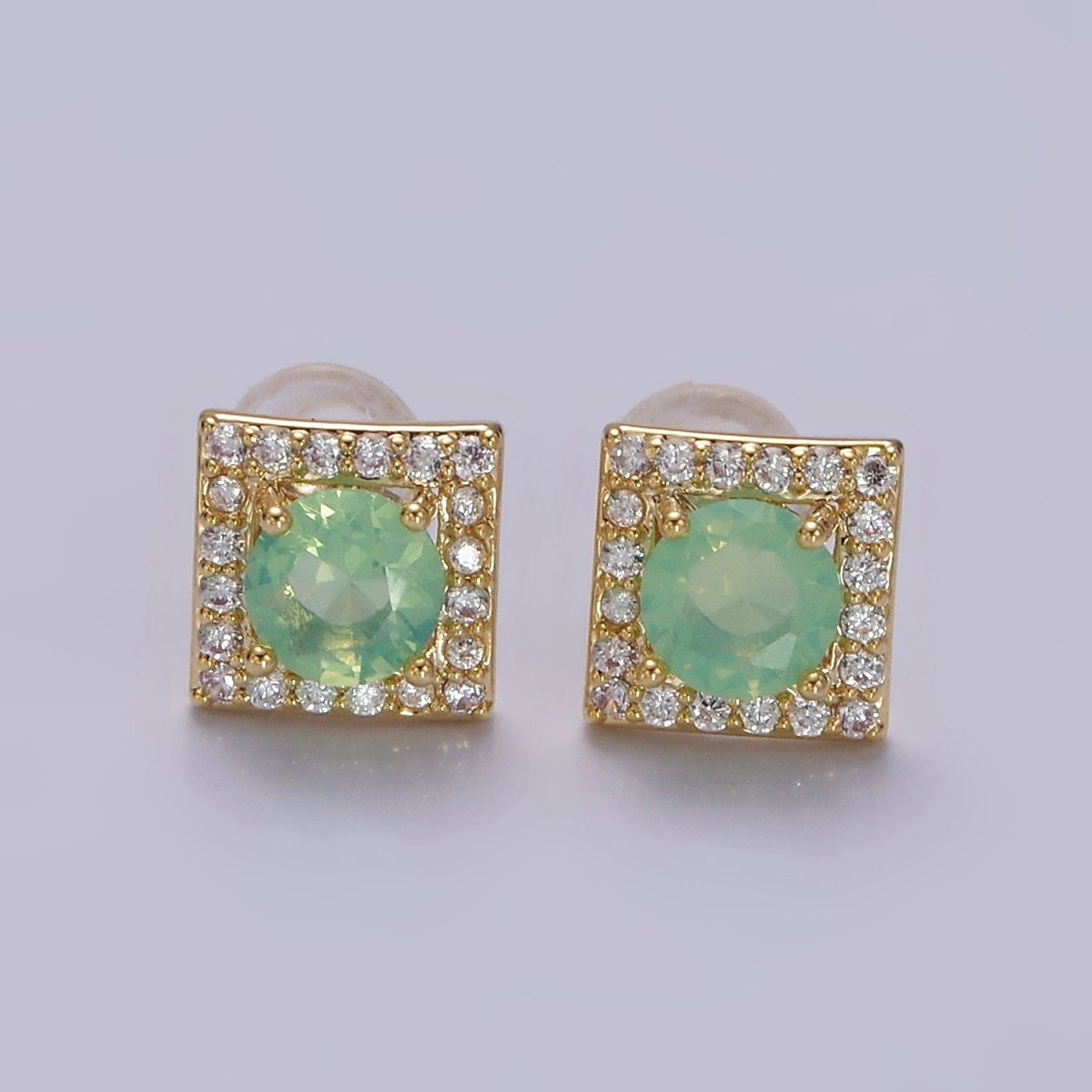 14K Gold Filled Green, Pink, Clear, Blue, Green CZ Micro Paved Square Stud Earrings in Gold &amp; Silver | V320