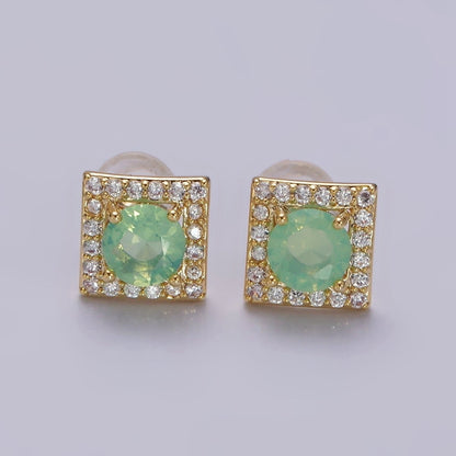 14K Gold Filled Green, Pink, Clear, Blue, Green CZ Micro Paved Square Stud Earrings in Gold &amp; Silver | V320