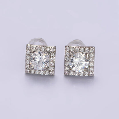 14K Gold Filled Green, Pink, Clear, Blue, Green CZ Micro Paved Square Stud Earrings in Gold &amp; Silver | V320