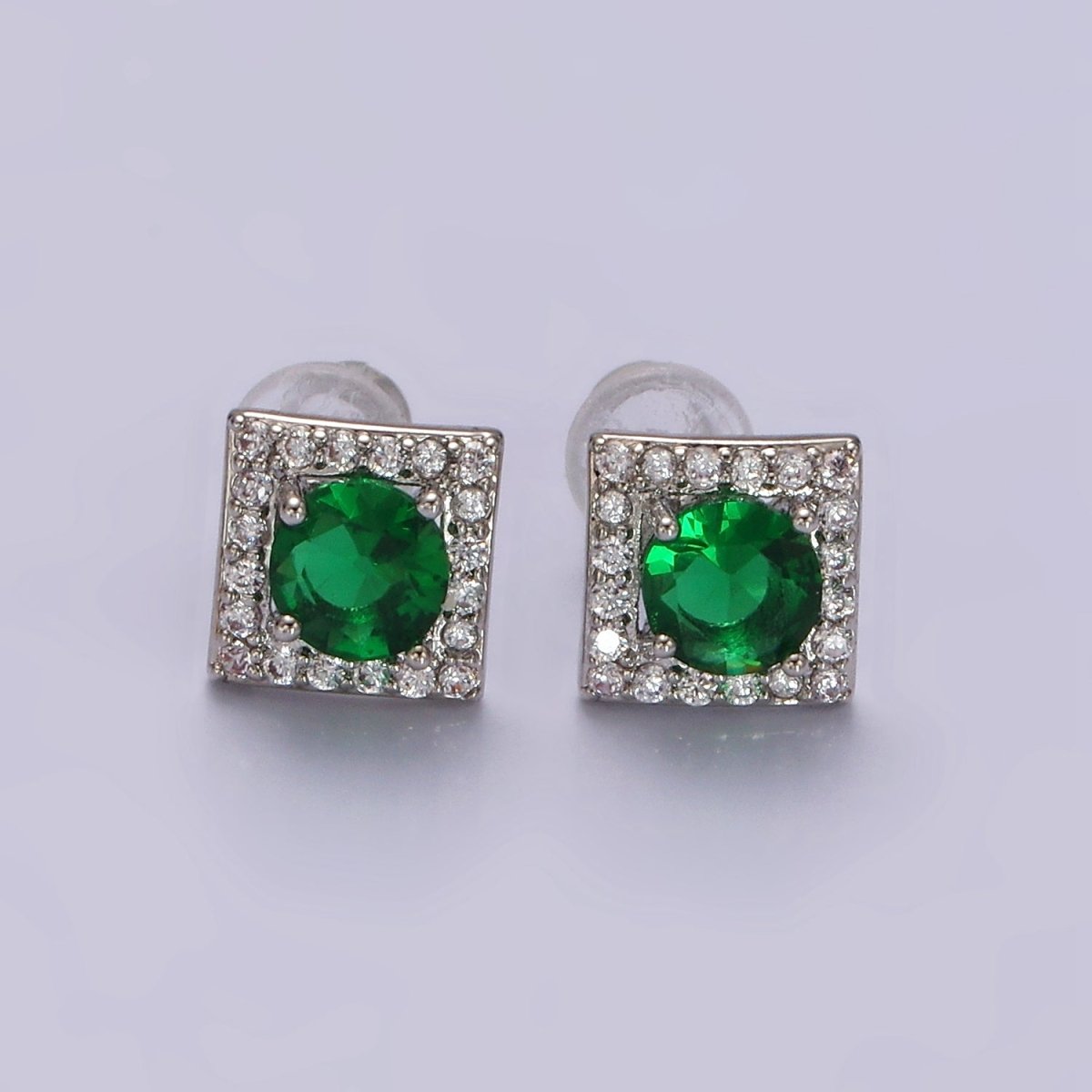 14K Gold Filled Green, Pink, Clear, Blue, Green CZ Micro Paved Square Stud Earrings in Gold &amp; Silver | V320