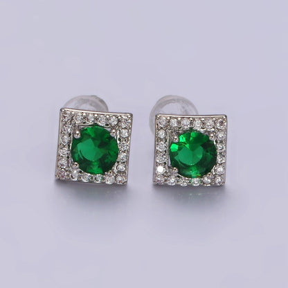 14K Gold Filled Green, Pink, Clear, Blue, Green CZ Micro Paved Square Stud Earrings in Gold &amp; Silver | V320