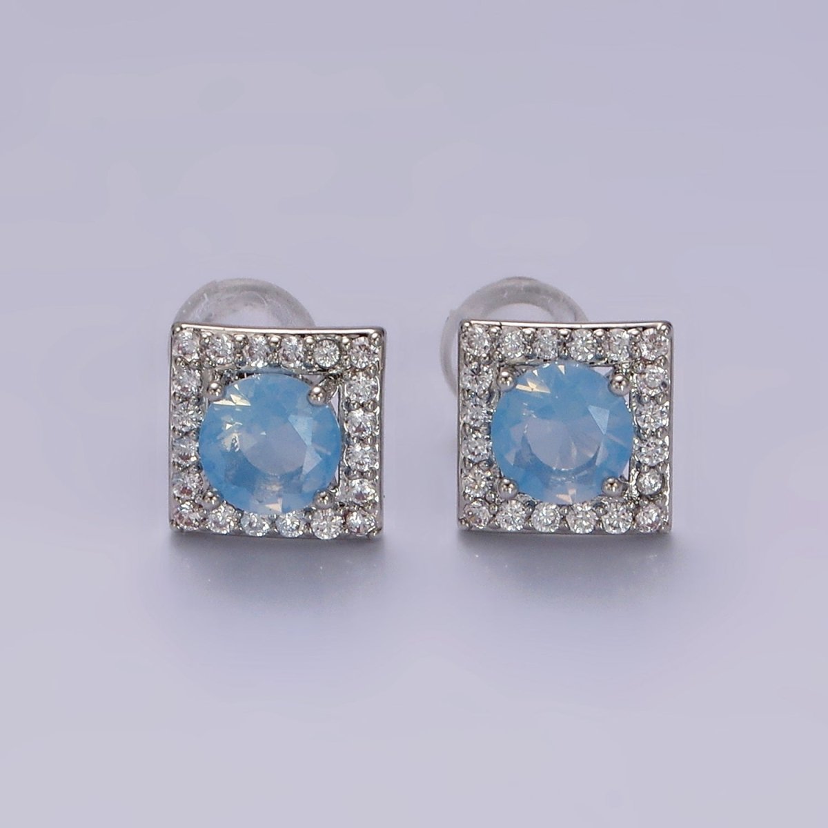 14K Gold Filled Green, Pink, Clear, Blue, Green CZ Micro Paved Square Stud Earrings in Gold &amp; Silver | V320