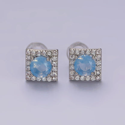 14K Gold Filled Green, Pink, Clear, Blue, Green CZ Micro Paved Square Stud Earrings in Gold &amp; Silver | V320