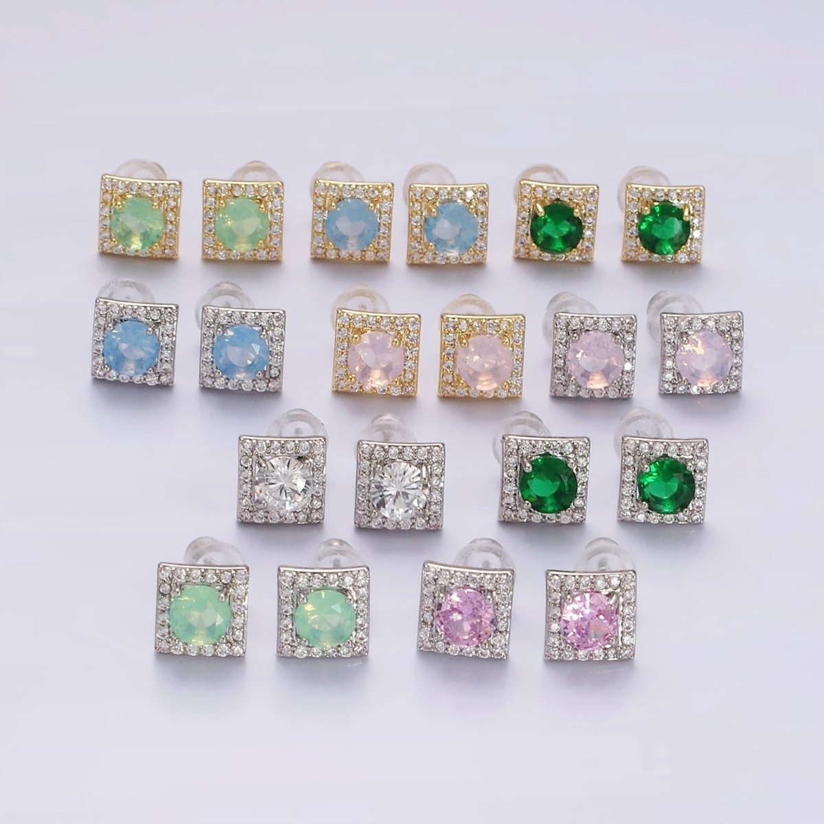 14K Gold Filled Green, Pink, Clear, Blue, Green CZ Micro Paved Square Stud Earrings in Gold &amp; Silver | V320