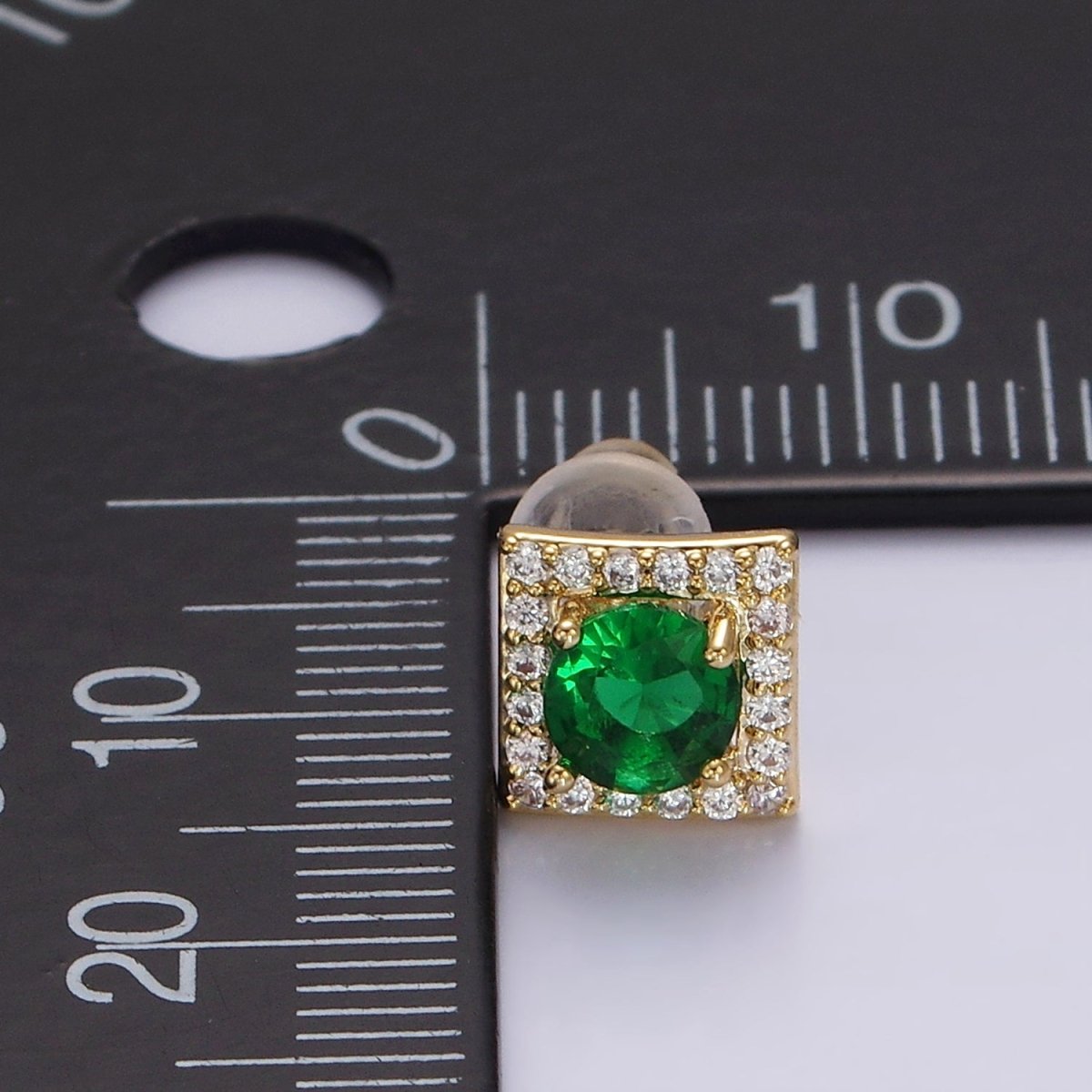 14K Gold Filled Green, Pink, Clear, Blue, Green CZ Micro Paved Square Stud Earrings in Gold &amp; Silver | V320