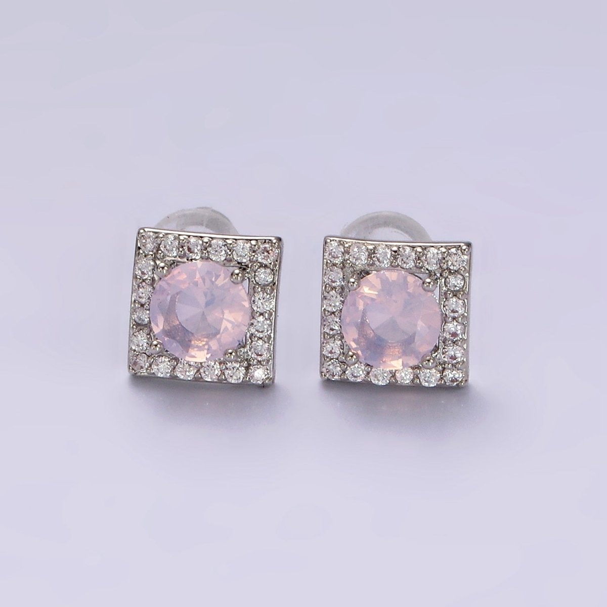 14K Gold Filled Green, Pink, Clear, Blue, Green CZ Micro Paved Square Stud Earrings in Gold &amp; Silver | V320