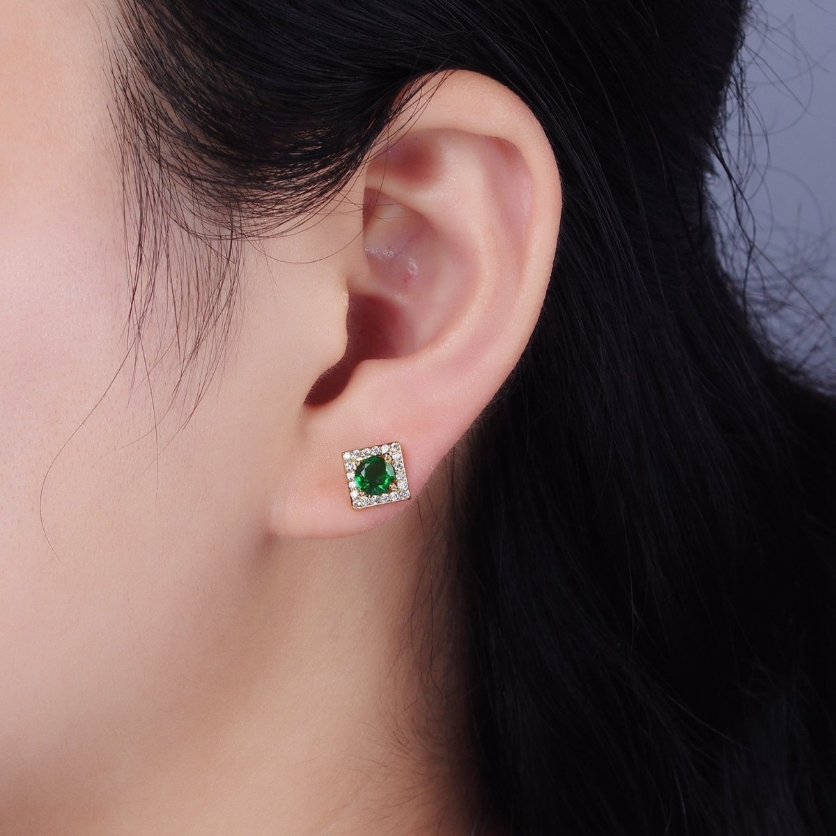 14K Gold Filled Green, Pink, Clear, Blue, Green CZ Micro Paved Square Stud Earrings in Gold &amp; Silver | V320