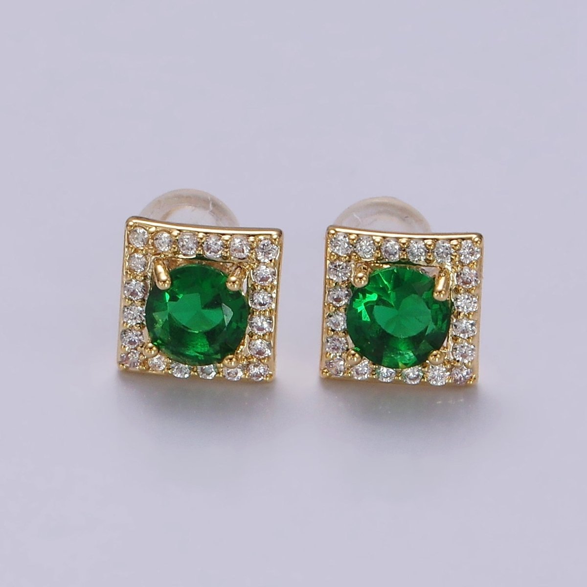 14K Gold Filled Green, Pink, Clear, Blue, Green CZ Micro Paved Square Stud Earrings in Gold &amp; Silver | V320