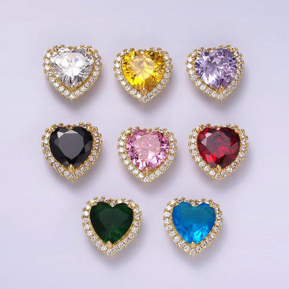 14K Gold Filled Green, Pink, Clear, Red, Yellow, Black, Purple, Blue CZ Heart Micro Paved Bead | B-855~ B-858