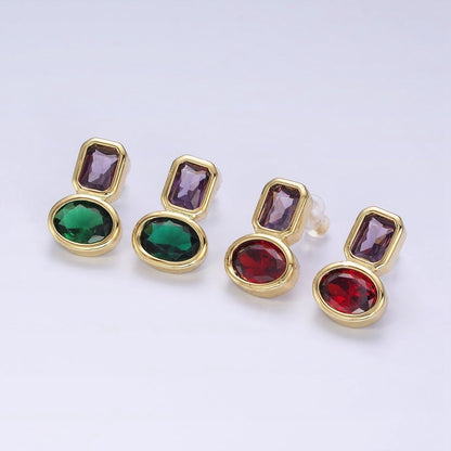 14K Gold Filled Green, Red CZ Oval Geometric Purple Baguette Stud Earrings | AD-446 AD-447