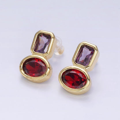 14K Gold Filled Green, Red CZ Oval Geometric Purple Baguette Stud Earrings | AD-446 AD-447