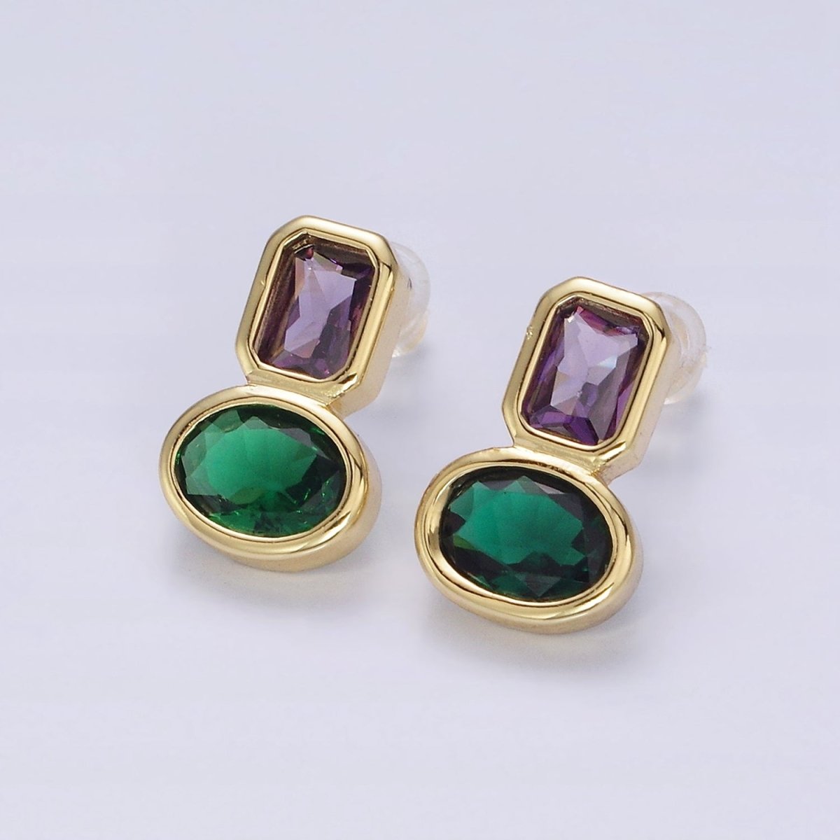 14K Gold Filled Green, Red CZ Oval Geometric Purple Baguette Stud Earrings | AD-446 AD-447