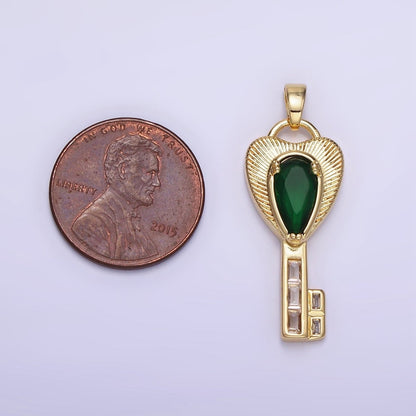 14K Gold Filled Green Teardrop CZ Sunburst Heart Key Pendant | AH142