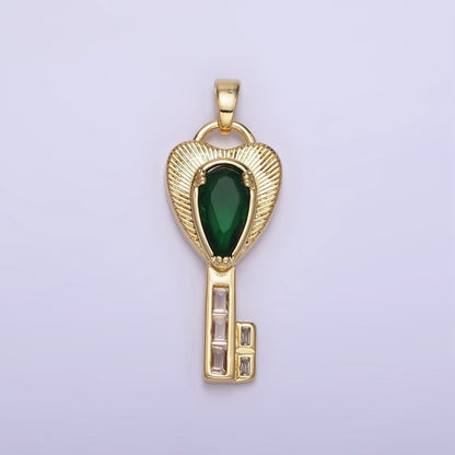 14K Gold Filled Green Teardrop CZ Sunburst Heart Key Pendant | AH142
