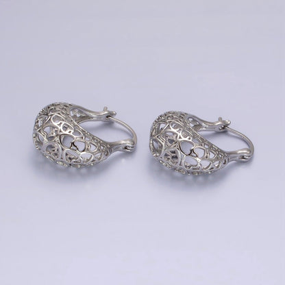 14K Gold Filled Heart Filigree Open Dome French Lock Latch Hoop Earrings | AE218