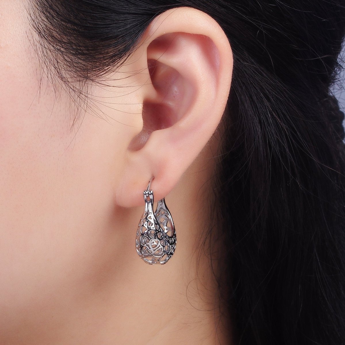 14K Gold Filled Heart Filigree Open Dome French Lock Latch Hoop Earrings | AE218