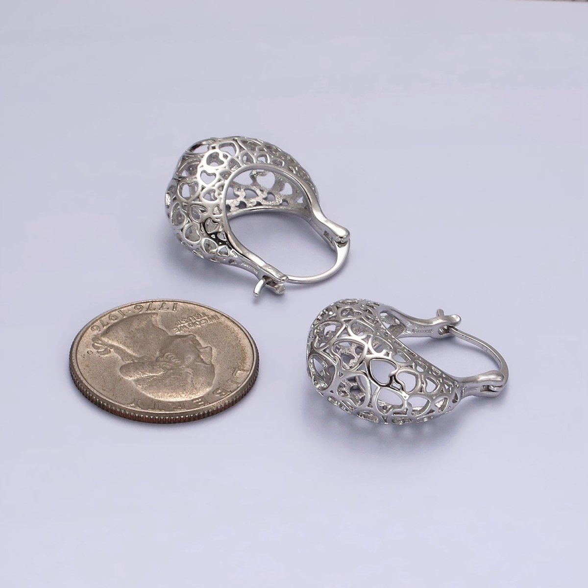 14K Gold Filled Heart Filigree Open Dome French Lock Latch Hoop Earrings | AE218