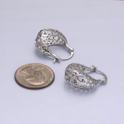 14K Gold Filled Heart Filigree Open Dome French Lock Latch Hoop Earrings | AE218