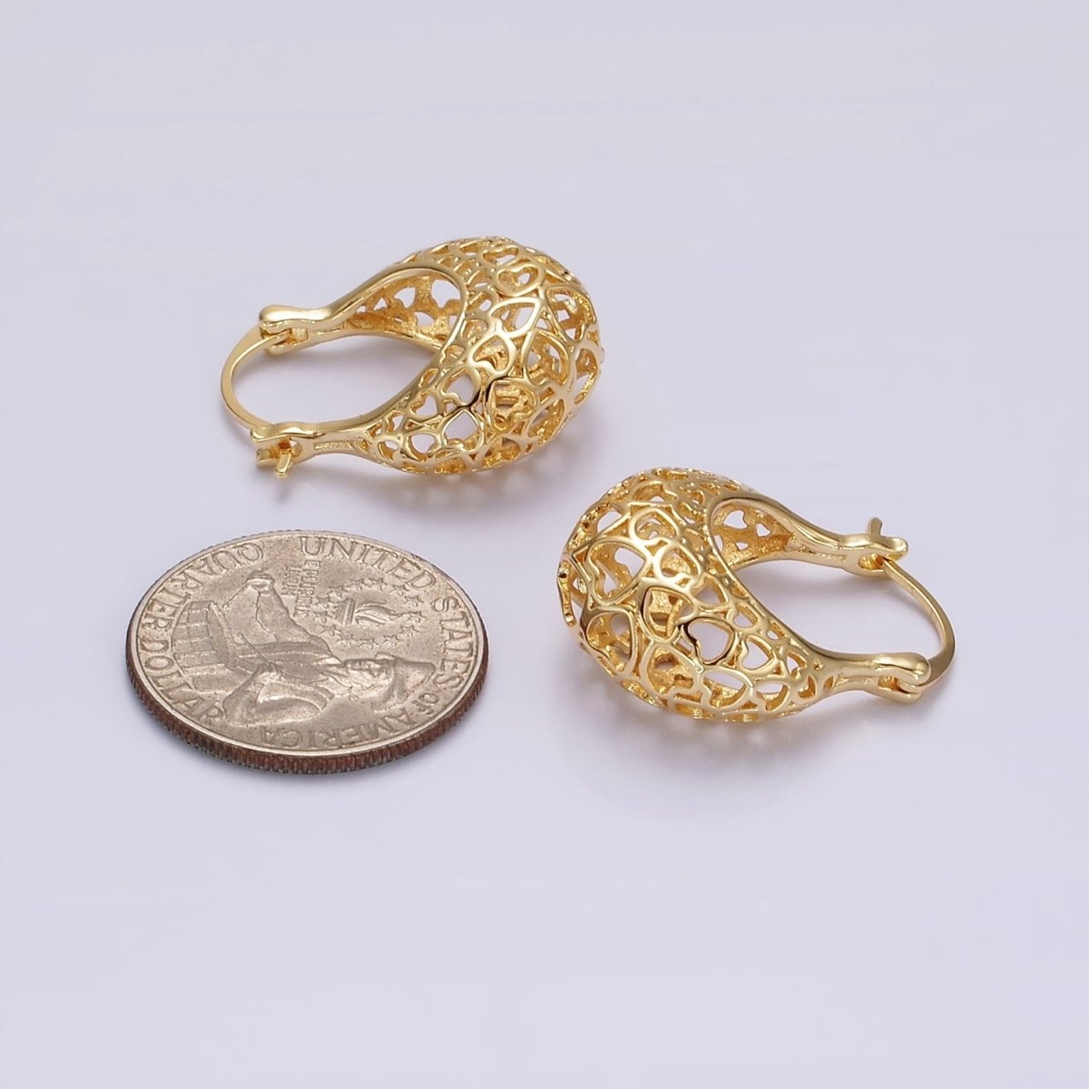 14K Gold Filled Heart Filigree Open Dome French Lock Latch Hoop Earrings | AE218