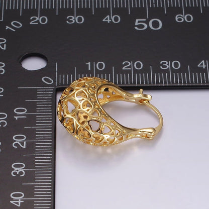 14K Gold Filled Heart Filigree Open Dome French Lock Latch Hoop Earrings | AE218