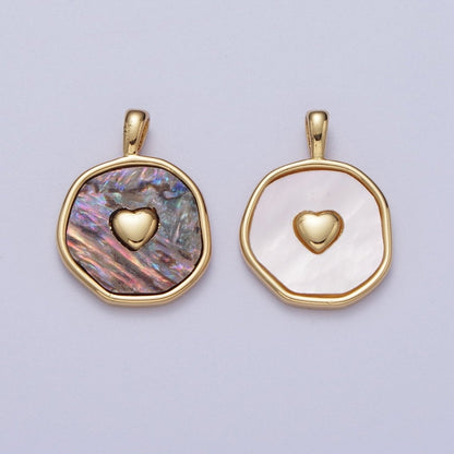 14K Gold Filled Heart Love Shell Pearl, Abalone Round Pendant I-546