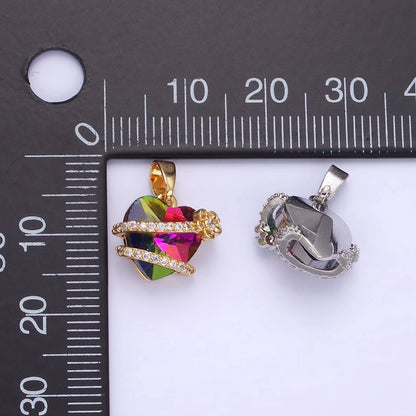 14K Gold Filled Heart Multicolor Micro Paved CZ Band Flower Pendant in Gold &amp; Silver | AA1159