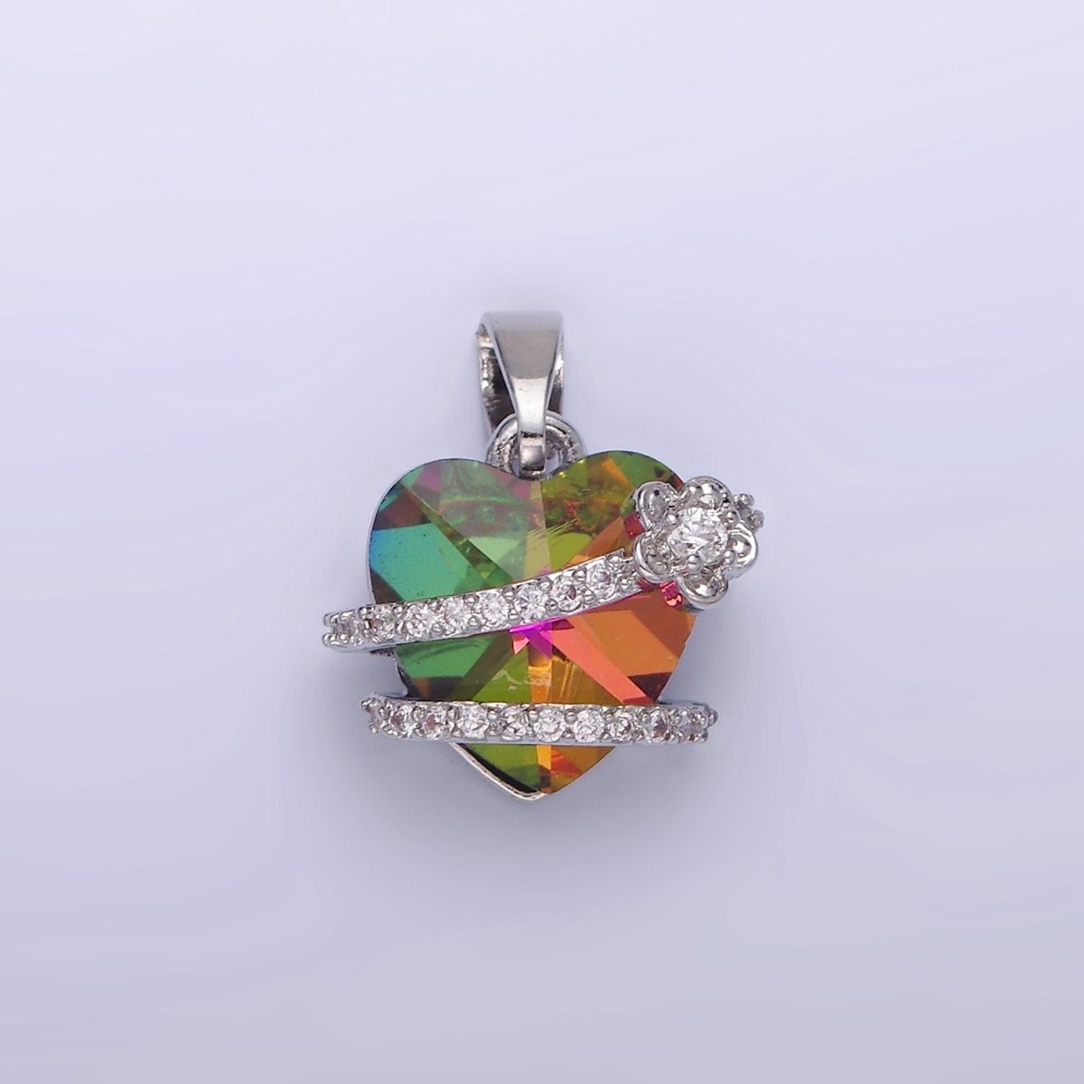 14K Gold Filled Heart Multicolor Micro Paved CZ Band Flower Pendant in Gold &amp; Silver | AA1159
