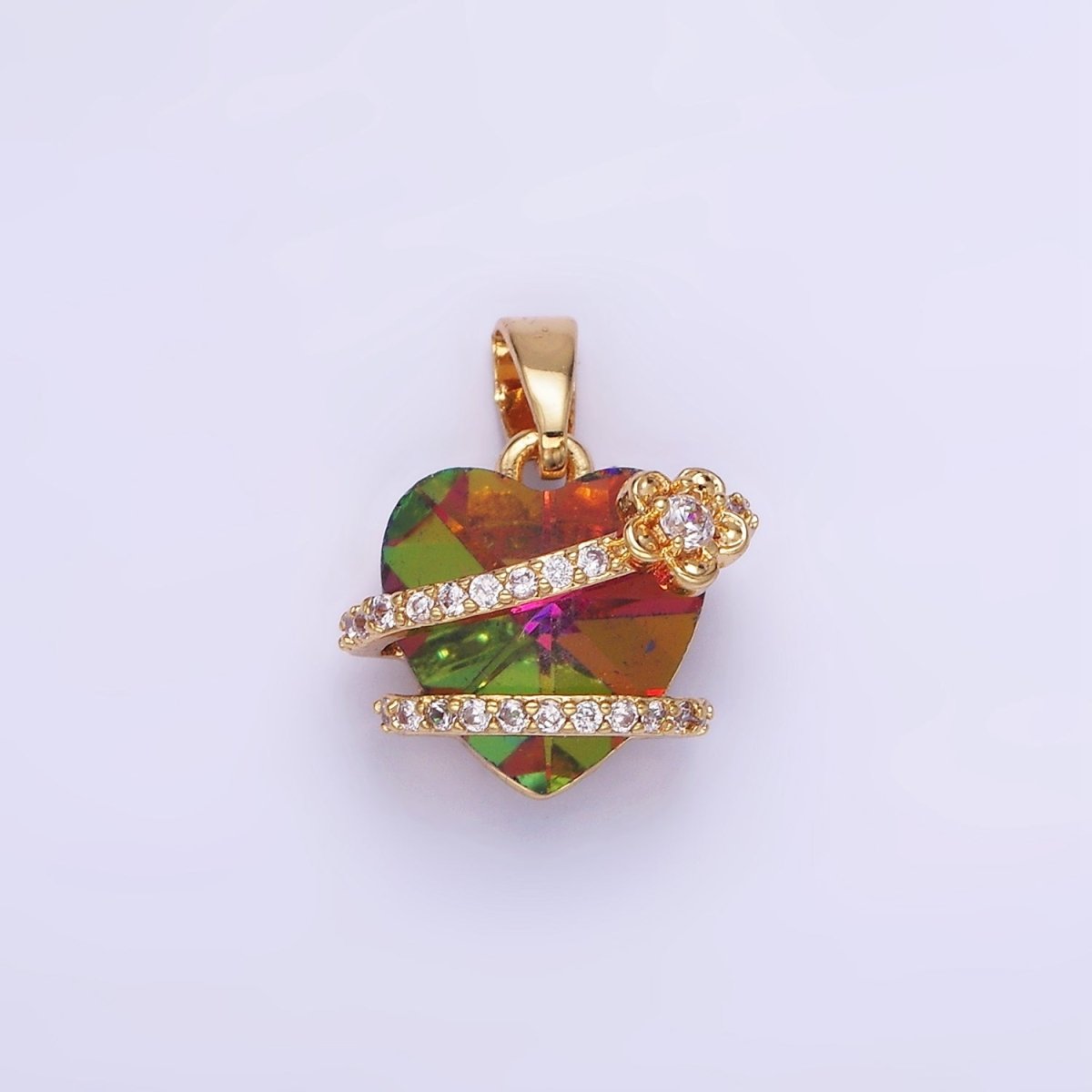 14K Gold Filled Heart Multicolor Micro Paved CZ Band Flower Pendant in Gold &amp; Silver | AA1159
