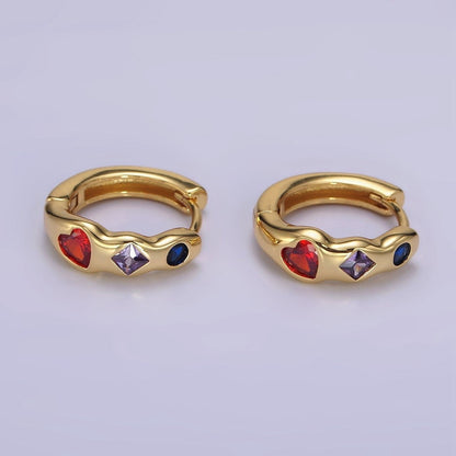 14K Gold Filled Heart Rhombus Round Multicolor CZ Wavy 15mm Huggie Earrings | AE113