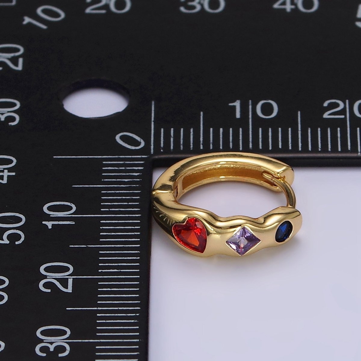 14K Gold Filled Heart Rhombus Round Multicolor CZ Wavy 15mm Huggie Earrings | AE113