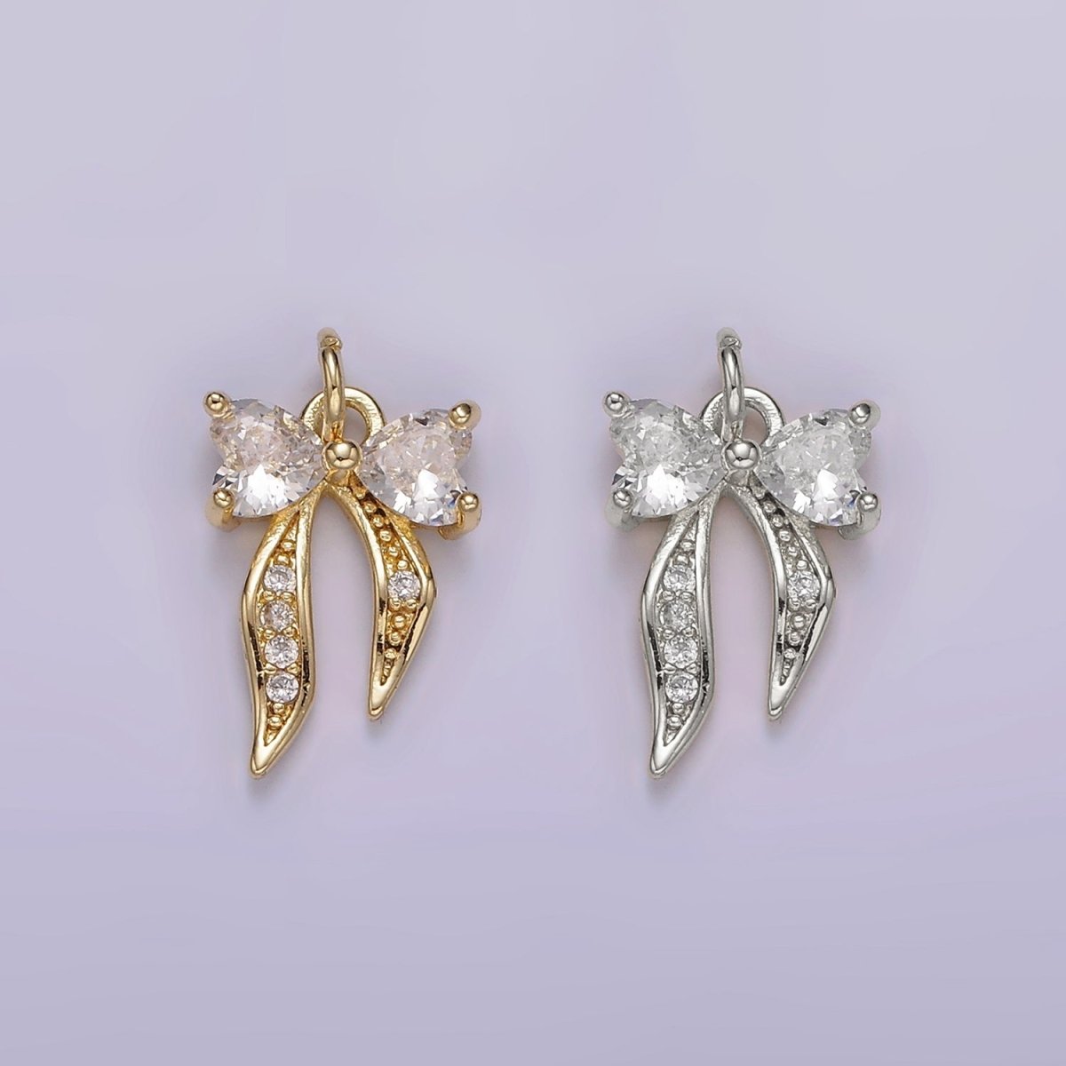14K Gold Filled Heart Ribbon Bow Micro Paved CZ Charm Gold &amp; Silver | AG505