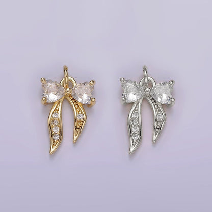 14K Gold Filled Heart Ribbon Bow Micro Paved CZ Charm Gold &amp; Silver | AG505