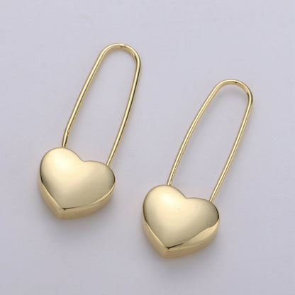 14K Gold Filled Heart Safety Pin Drop Earrings in Gold &amp; Silver Q-151 Q-152