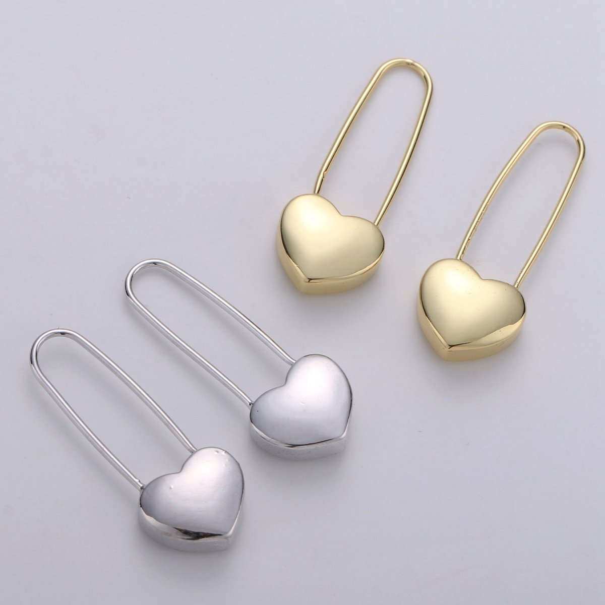14K Gold Filled Heart Safety Pin Drop Earrings in Gold &amp; Silver Q-151 Q-152