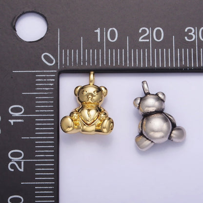14K Gold Filled Heart Teddy Bear Animal Pendant in Gold &amp; Oxidized Silver | AA1232