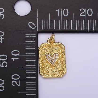 14K Gold Filled Hearts Card Micro Paved CZ Hammered Rectangular Tag Charm | AG259