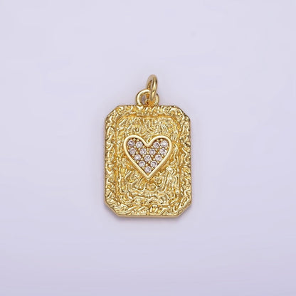 14K Gold Filled Hearts Card Micro Paved CZ Hammered Rectangular Tag Charm | AG259