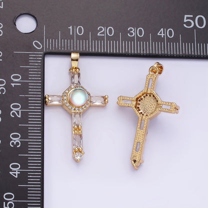 14K Gold Filled Iridescent CZ Micro Paved Baguette Lined Cross Pendant | AA1178