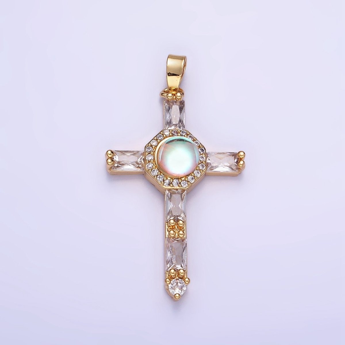 14K Gold Filled Iridescent CZ Micro Paved Baguette Lined Cross Pendant | AA1178