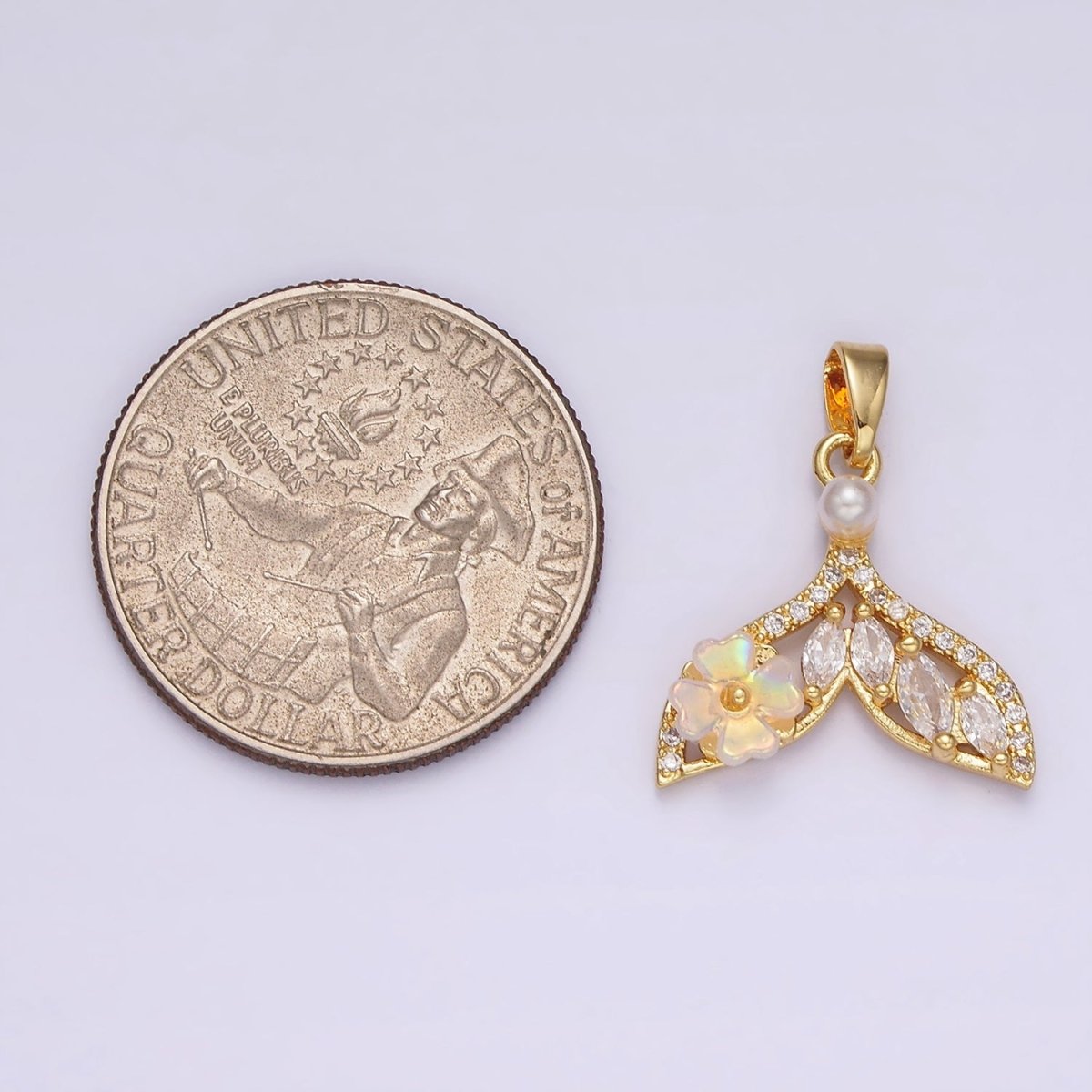 14K Gold Filled Iridescent Flower Marquise Micro Paved CZ Whale Tail Pearl Mermaid Tail Charm  Pendant | N-1823