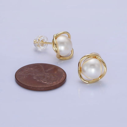 14K Gold Filled Iridescent Pearl Multiple Band Stud Earrings in Gold &amp; Silver | Q034 Q035