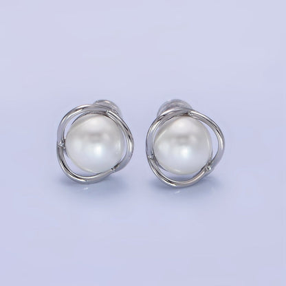 14K Gold Filled Iridescent Pearl Multiple Band Stud Earrings in Gold &amp; Silver | Q034 Q035
