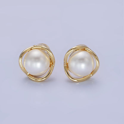 14K Gold Filled Iridescent Pearl Multiple Band Stud Earrings in Gold &amp; Silver | Q034 Q035