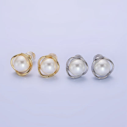 14K Gold Filled Iridescent Pearl Multiple Band Stud Earrings in Gold &amp; Silver | Q034 Q035