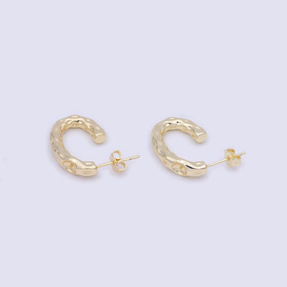 14K Gold Filled J Shaped Hammered Rustic Stud Hoops Earrings  K-203